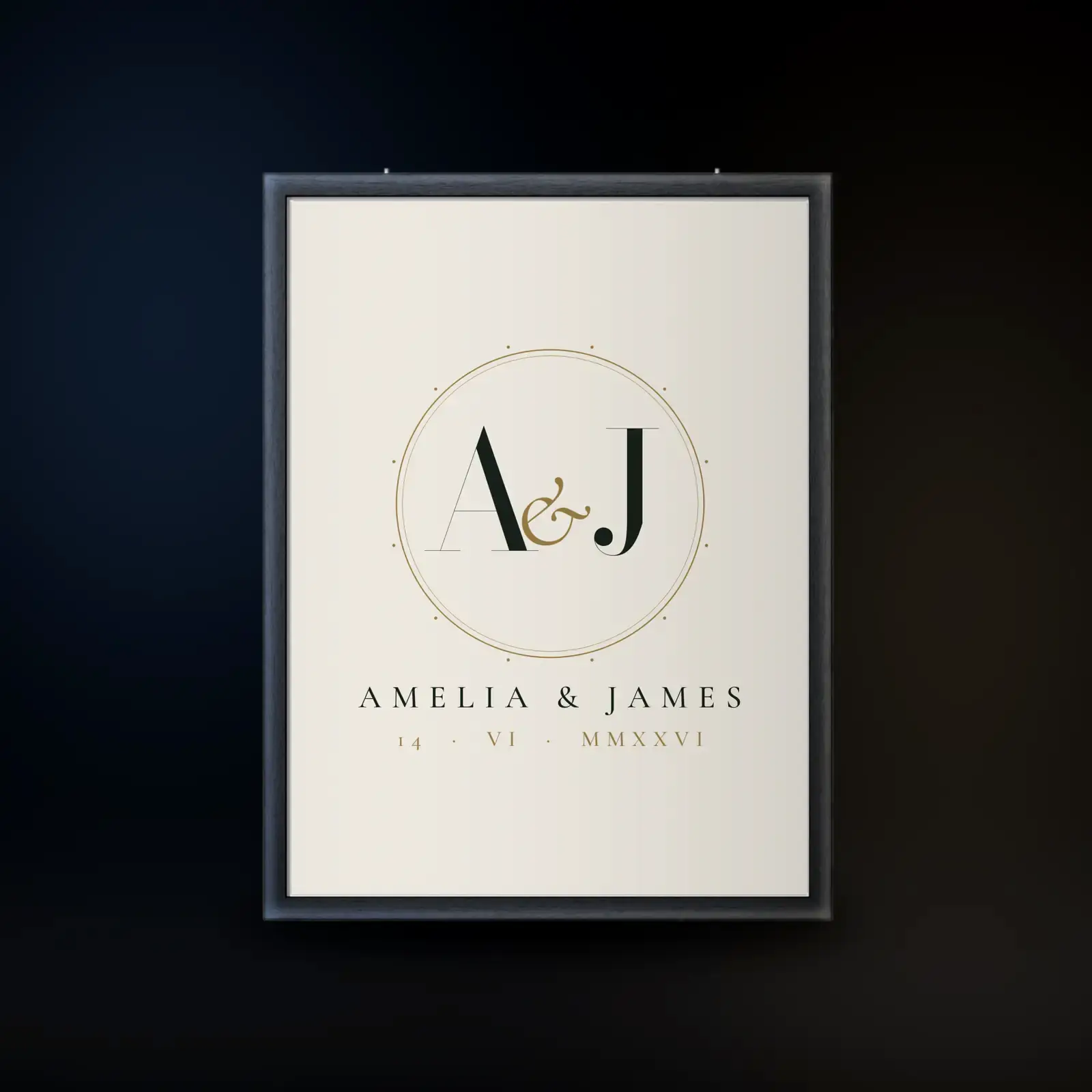 "A & J wedding monogram", an example design by Vesim, printed on a framed poster